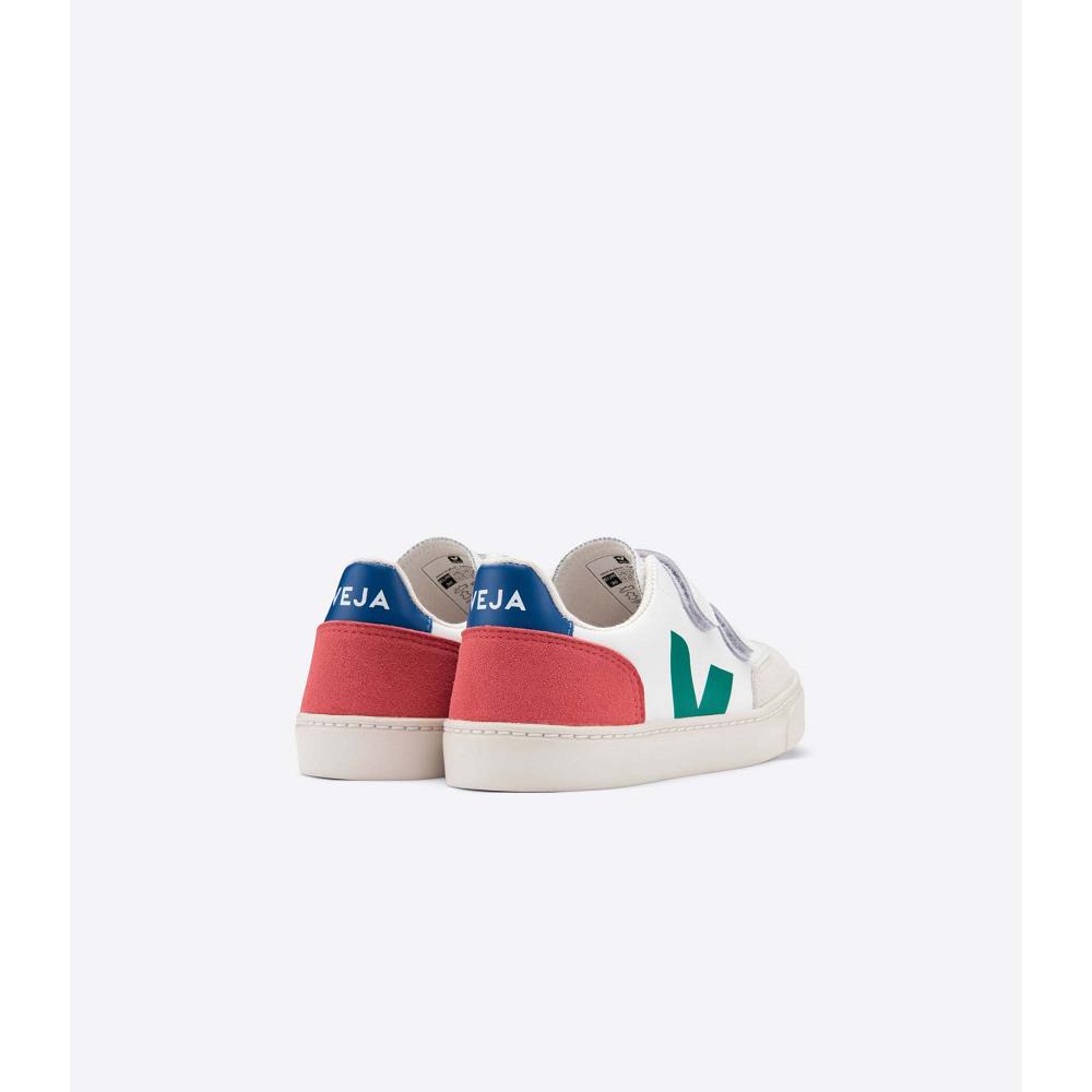 Kids' Veja V-12 LEATHER Sneakers White/Red | ZA 883FDN